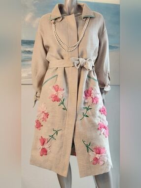 □$5,500 OSCAR DE LA RENTA EXQUISITE LINEN LEAF FLOWER EMBROID RUNWAY COAT 12